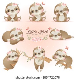 Cute doodle sloth poses with floral collection