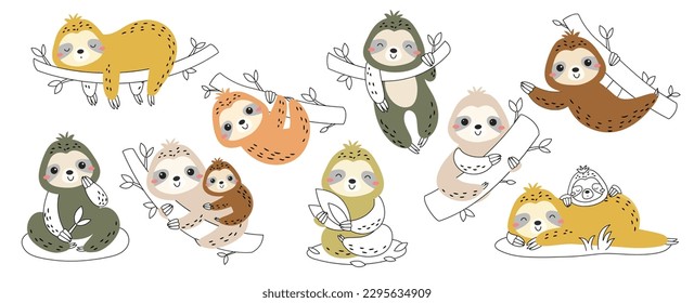 Cute doodle sloths set. Collection of stickers for social networks. Animals on branches. Lovely wildlife and friendly character. Cartoon flat vector illustrations isolated on white background