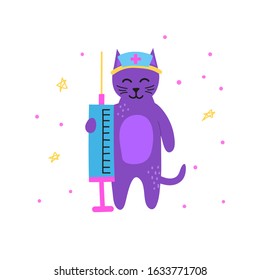 Cute doodle small violet doctor cat character with big syringe isolated on white background.