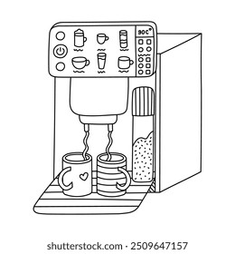 Cute doodle smart coffee machine making coffee in mugs, multiple buttons and settings. Hand drawn intelligence electric coffee maker. Professional automatic barista device to control via smartphone.