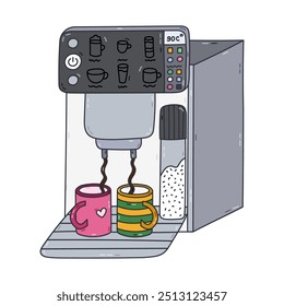 Cute doodle smart coffee machine making coffee in mugs, multiple buttons and settings. Hand drawn intelligence electric coffee maker. Professional automatic barista device to control via smartphone.