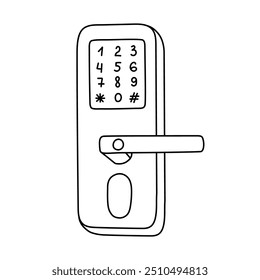 Cute doodle smart door lock with pin code, fingerprint and key access for safety, home protection. Hand drawn intelligence house security device isolated on white. Remote door locking via telephone.