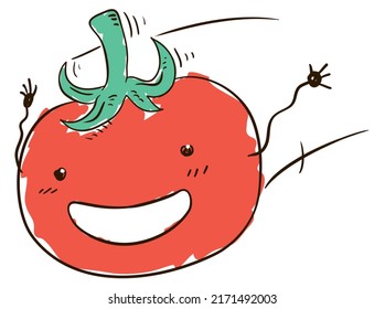 Cuto doodle de caracter sonriente de tomate volador con brazos y líneas de velocidad.