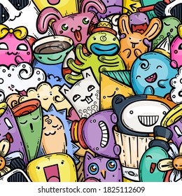 Cute doodle smiling monsters seamless pattern for child prints, designs and coloring books. Rabbits, owl, cup of tea, cream. Vector illustration