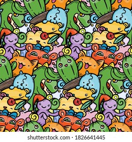 Cute doodle smiling monsters seamless pattern for child prints, designs and coloring books. Vector illustration