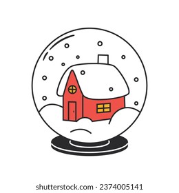 Cute doodle de nieve globo con casa de navidad. Regalo de Navidad. Juguete de esfera de vidrio. Símbolo de vacaciones de invierno. Ilustración vectorial dibujada a mano.