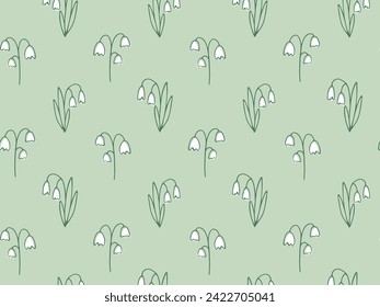 Cute Doodle Snowdrops. Seamless pattern. Spring botanical hand drawn Green background. Outline seasonal Flower pattern for fabric, wallpaper, cover art