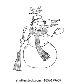 A cute doodle snowman with a broom in his hand feeds the birds. Hand-drawn snowman in a knitted scarf and hat with a long carrot. Vector stock illustration isolated on white background.
