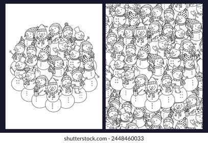 Cute doodle snowman coloring pages set. Black and white templates bundle with funny winter characters. Outline background. Vector illustration