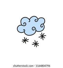 Cute doodle snowy cloud with snowflakes isolated on white background.