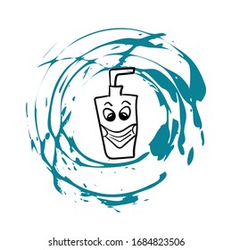 cute doodle soap bottle in medical mask framed in a circular splash of liquid isolated hand drawing on a white background isolated vector illustration