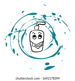 cute doodle soap bottle in medical mask framed in a circular splash of liquid isolated hand drawing on a white background isolated vector illustration
