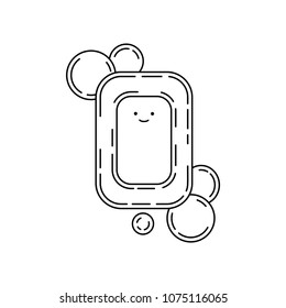Cute doodle soap with smile and bubbles, vector illustration. 