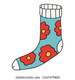 Cute doodle sock with floral texture, ornament. Childlike style. Modern cartoon cloth isolated on white background. 