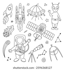 Cute doodle space and astronomy set with astronaut, asteroid, spaceship, satellite, alien. Childish symbols of Solar System and universe. Hand drawn outline clipart collection isolated on background.