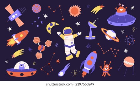 Cute doodle Space set, rocket, planet, ufo and more. Hand drawn kids style vector illustration. Space adventure, space explorer, technology, spaceship concept.