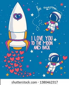 Cute doodle spaceship and astronauts for valentine's day, cosmic vector illustration