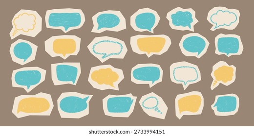 Cute doodle speech bubble set. Hand drawn text balloon shapes stickers. Textured crayon chalk effect. Playful elements for kids projects, storytelling, UI accents, dialogue design, blog graphics