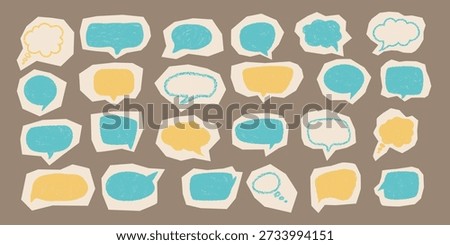 Cute doodle speech bubble set. Hand drawn text balloon shapes stickers. Textured crayon chalk effect. Playful elements for kids projects, storytelling, UI accents, dialogue design, blog graphics