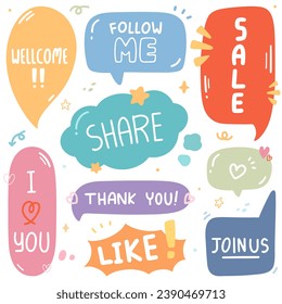 Cute doodle speech bubbles set in different shapes. handwritten words with social media elements.