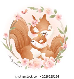 Cute doodle squirrel baby shower with watercolor illustration