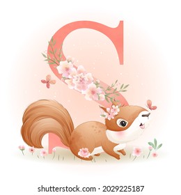 Cute doodle squirrel baby shower with watercolor illustration