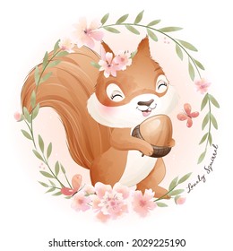 Cute doodle squirrel baby shower with watercolor illustration