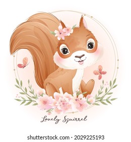 Cute doodle squirrel baby shower with watercolor illustration