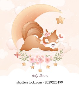 Cute doodle squirrel baby shower with watercolor illustration