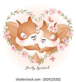 Cute doodle squirrel baby shower with watercolor illustration