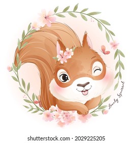 Cute doodle squirrel baby shower with watercolor illustration