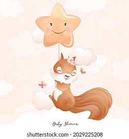 Cute doodle squirrel baby shower with watercolor illustration