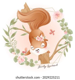 Cute doodle squirrel baby shower with watercolor illustration