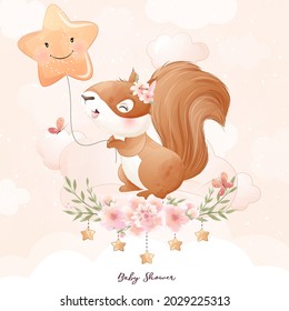 Cute doodle squirrel baby shower with watercolor illustration