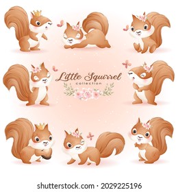 Cute Doodle Squirrel Poses Baby Shower With Watercolor Illustration