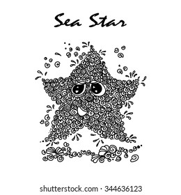 Cute doodle star fish, Sea star with sea shells and water drops one line vector illustration