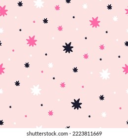 Cute doodle stars seamless pattern, cartoon flat vector illustration. Pastel pink background, great for childish and baby wrapping paper design. Decoration for baby shower or holiday celebration.