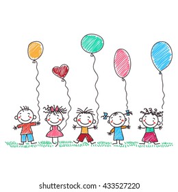 Cute doodle stick children with balloons. Vector illustration with boys and girls.