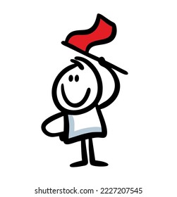 Cute doodle stick figure of boy and red flag. Vector illustration of young man.