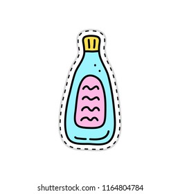 Cute doodle sticker with cosmetic bottle isolated on white background.