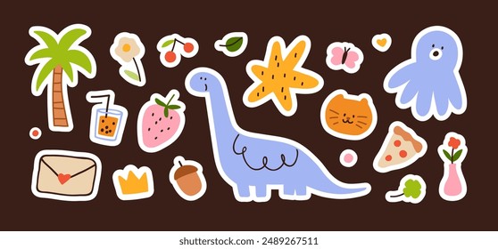 Cute doodle sticker pack. Funny kawaii kids design elements set. Dinosaur, cat, strawberry, flower, decorative cliparts bundle, collection in childs whimsical style. Isolated flat vector illustration