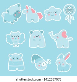 Cute doodle sticker pack: sheep, unicorn, star, dreamcatcher, owl, bear, panda, elephant, moon and bunny. Blue background. Doodle style illustration. Vector.