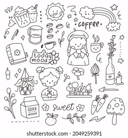 Cute doodle sticker set of mix object of coffee and gardening. Little girl wearing hat and holding plants. Logo symbol icon in line art style