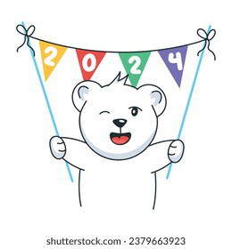 Cute doodle sticker of a winking bear holding 2024 banner 