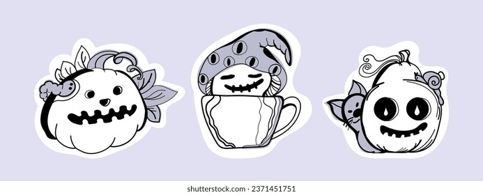 Cute doodle stickers for Halloween party. Smiling Jack Pumpkins and the mushroom Monster.