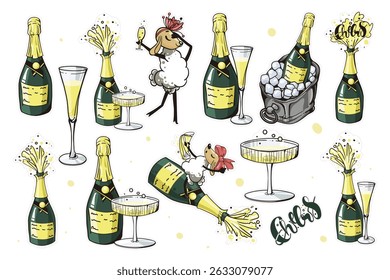 Cute doodle stickers with a sheep drinking champagne, wine bottles, and fun party cheers