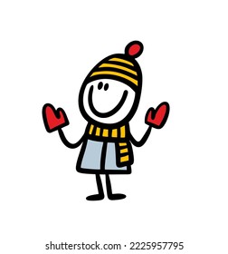 Cordón de doodle con cara sonriente en ropa de invierno cálida. Ilustración vectorial del carácter en sombrero, bufanda y mitones.