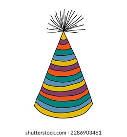 Cute doodle striped birthday party hat isolated on white background.