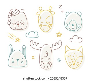 Cute doodle stroke animals head bundle. Collection of sketch outline characters. Funny decorative set.