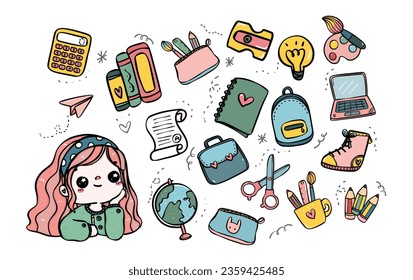 Cute doodle student girl with school supplies in this vibrant back to school image. Perfect for capturing the essence of elementary school joy.